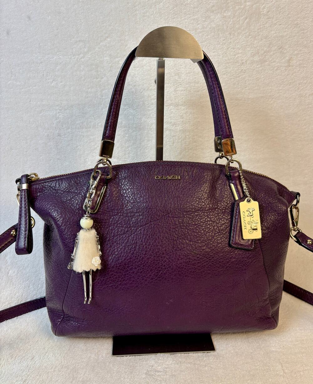 Coach Small Kelsey Satchel in Plum/Purple Pebble Leather with Charm